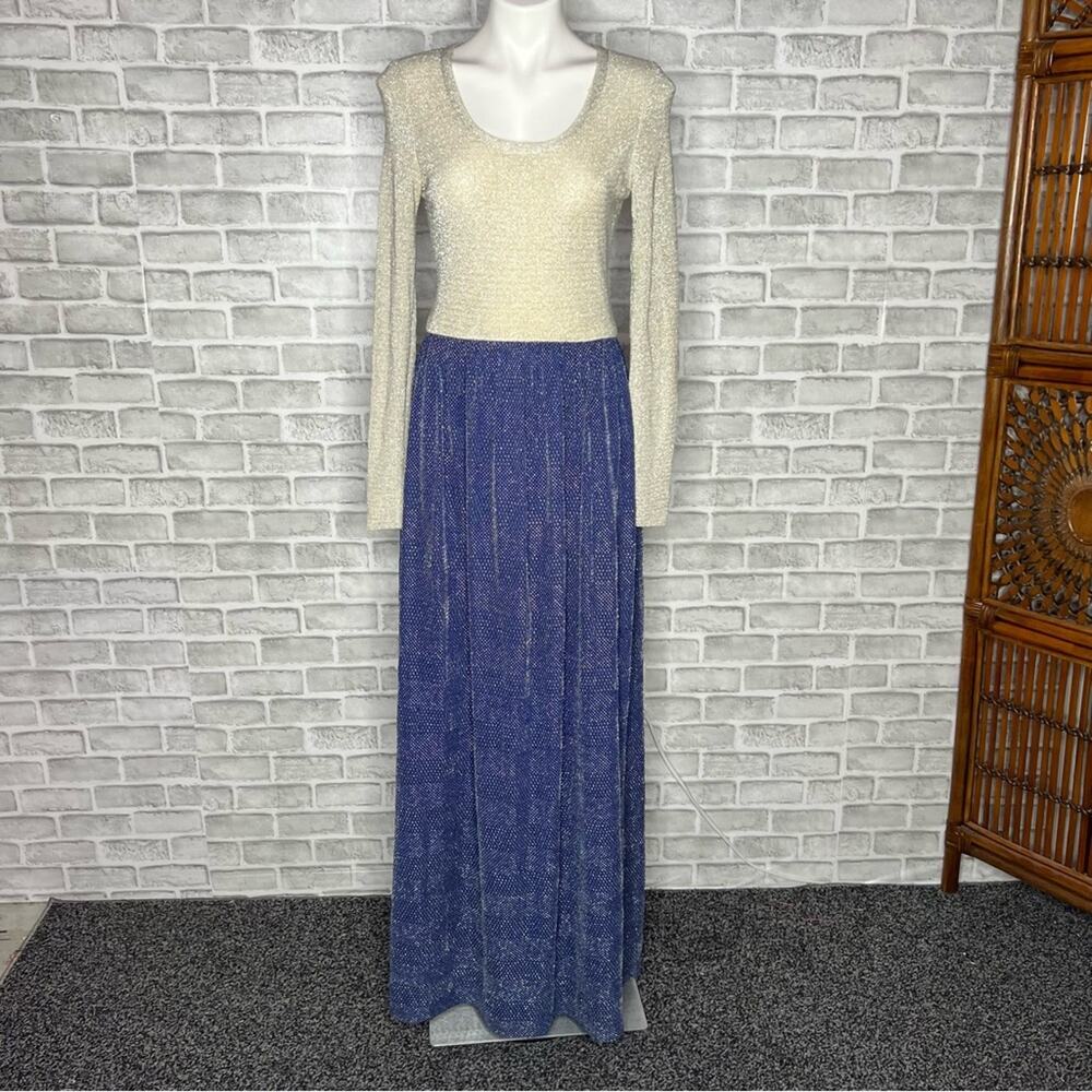 Vintage 70s Lane Bryant Tall Shop glam blue silver sparkle maxi dress 12 TALL
